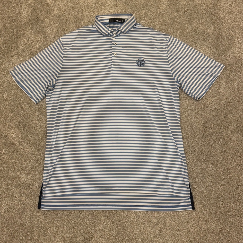 RLX Ralph Lauren Golf Polo Medina Country Club Blue White Stripes Size Large